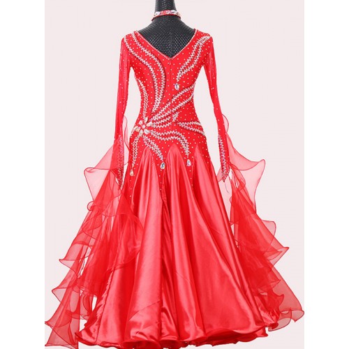 Custom size handmade red color women girls competition ballroom dance dress waltz tango foxtort professional smooth dance long dress for lady